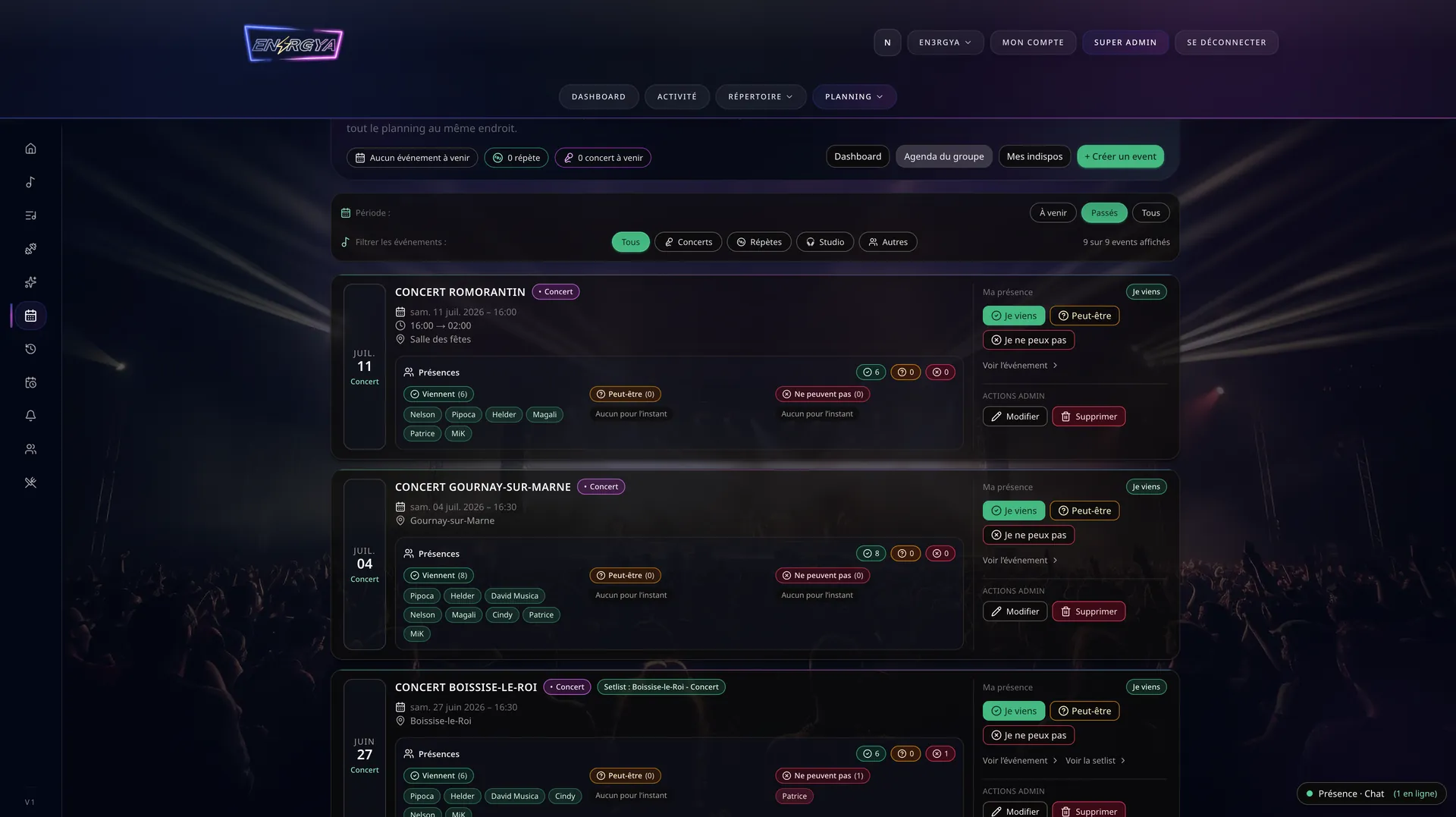 Bandtabs — Planification des répétitions et concerts