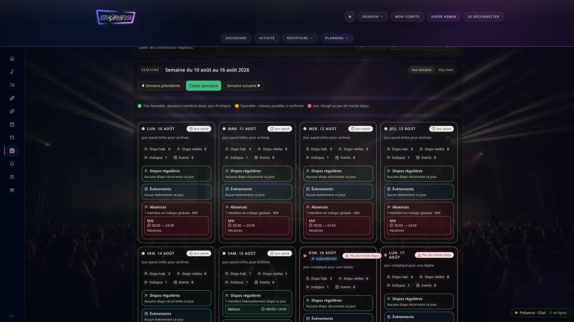 Bandtabs — Vue hebdomadaire des disponibilités