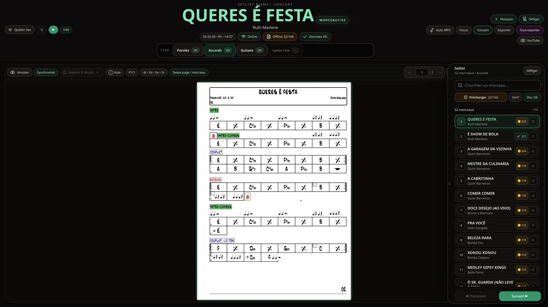Bandtabs — Mode concert avec setlist et partition PDF