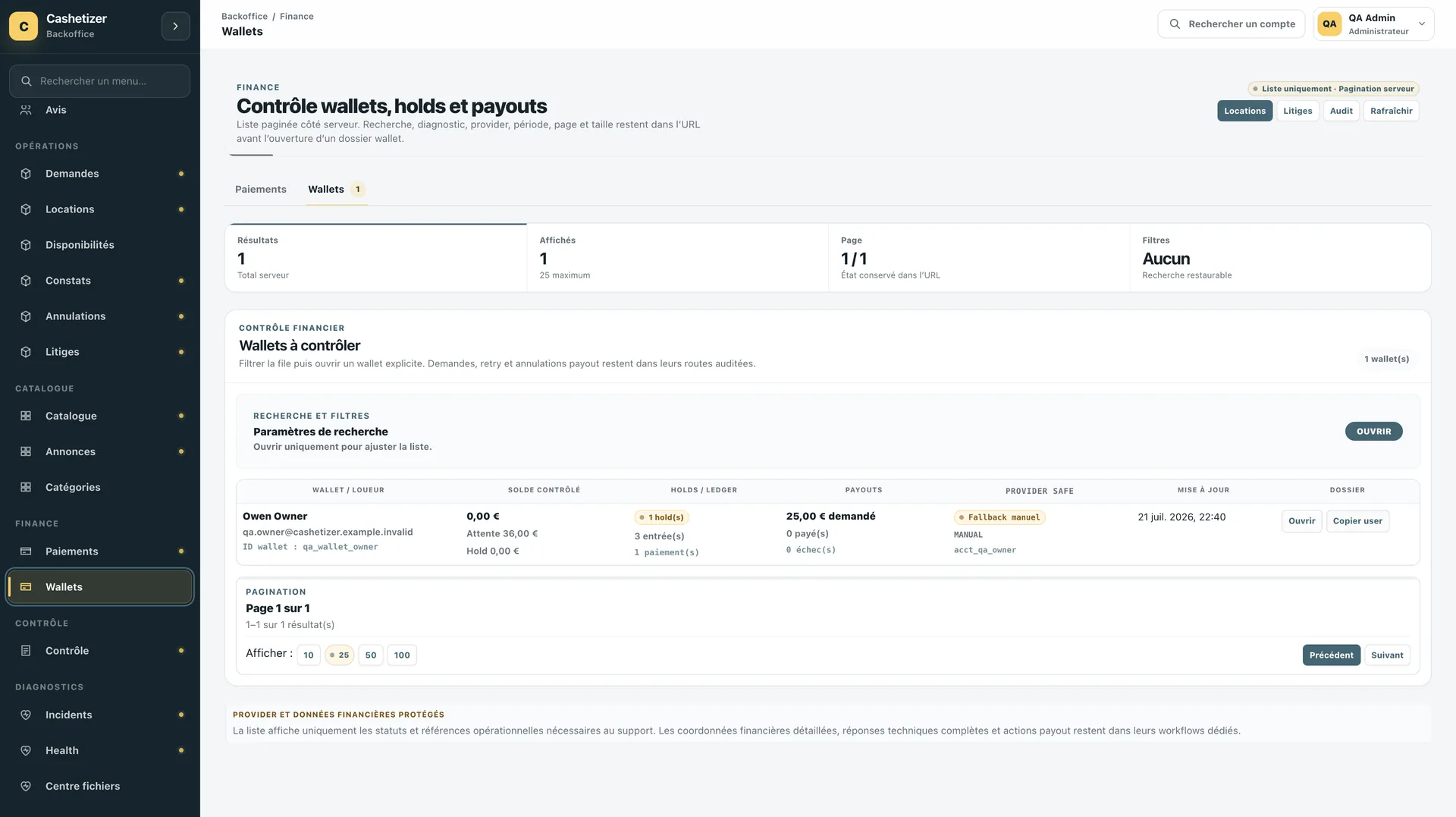 Cashetizer — Contrôle des wallets, holds et payouts