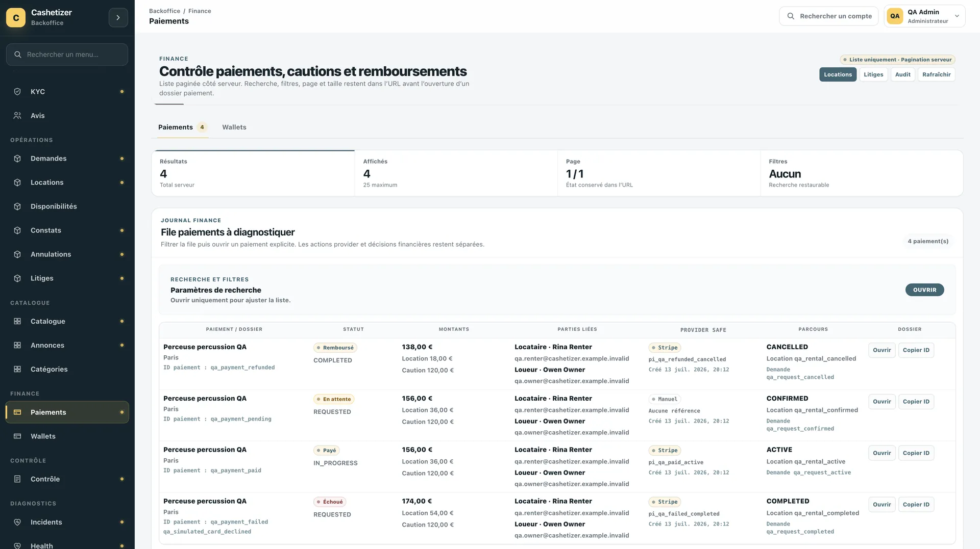 Cashetizer — Paiements, cautions et remboursements