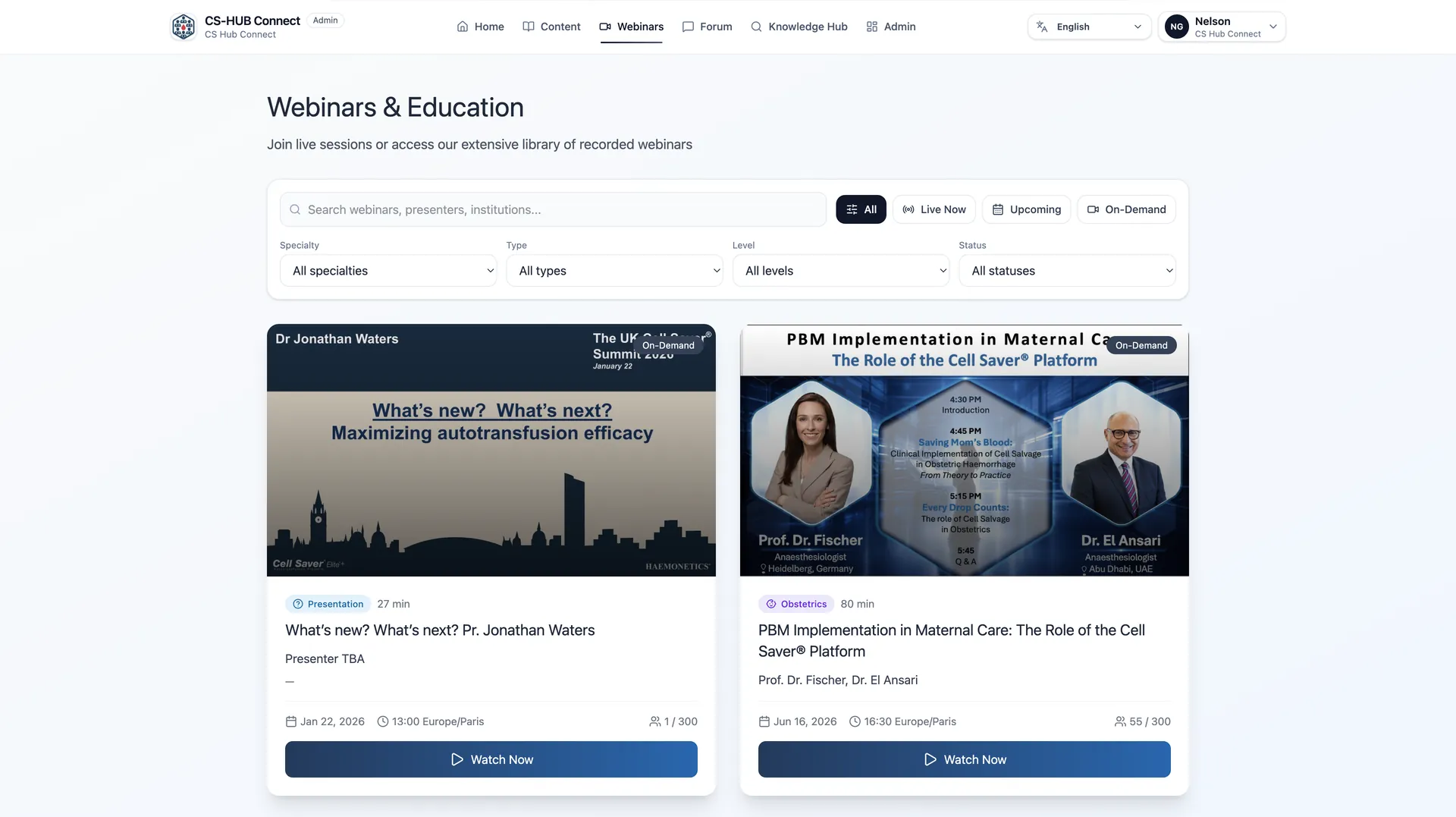 CS Hub — Catalogue et filtres des webinaires
