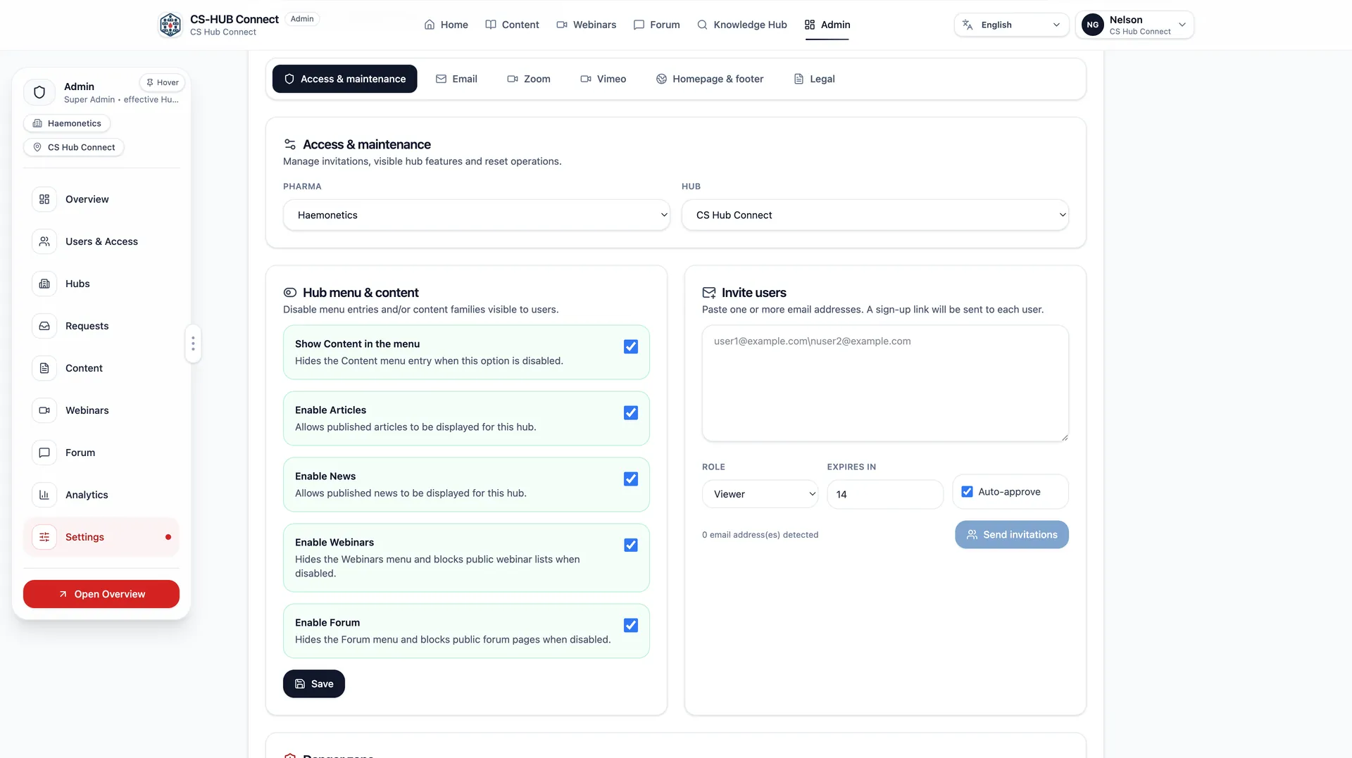 CS Hub — Règles d’accès, modules et invitations