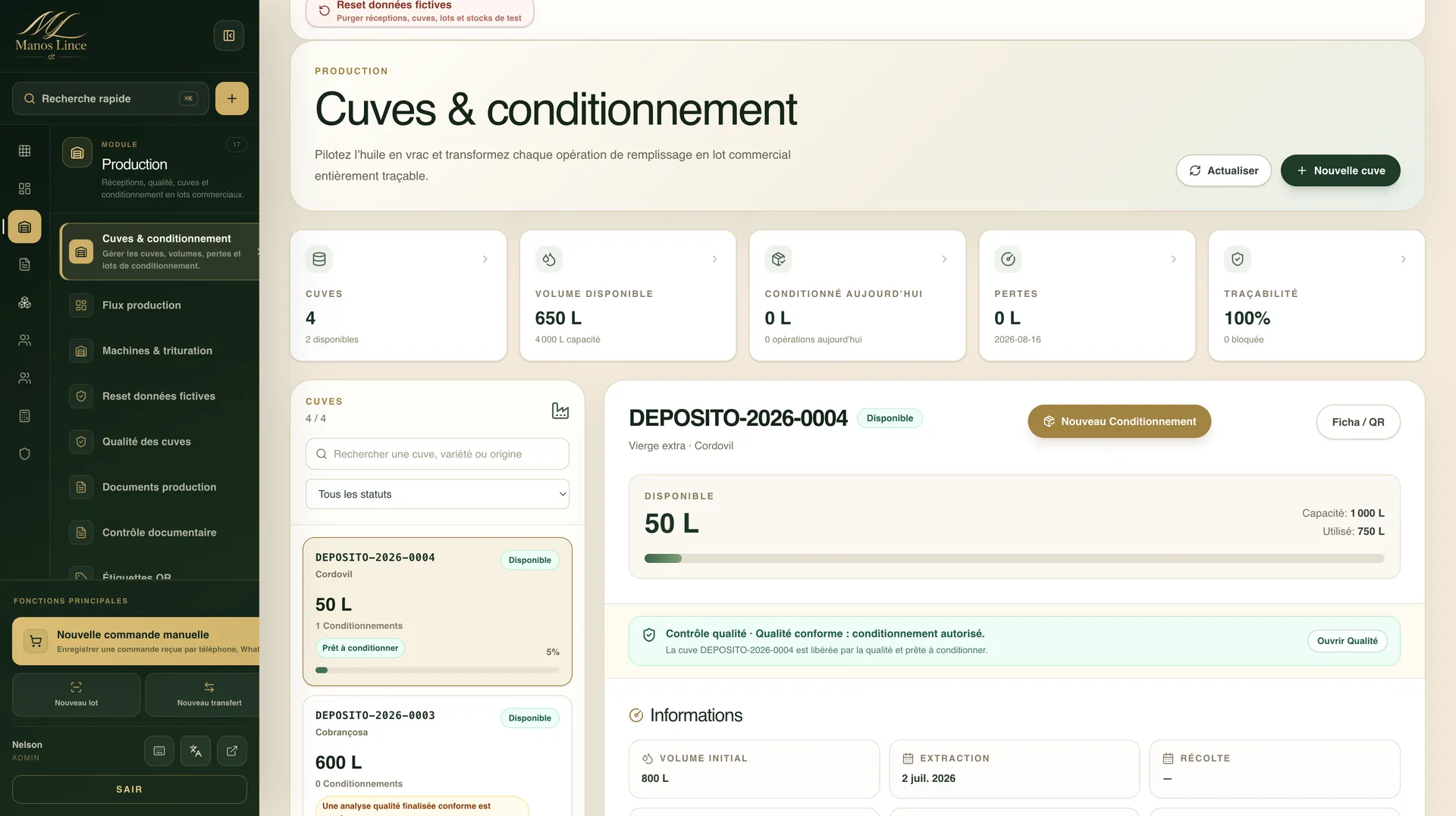 Manos Lince — Cuves, volumes disponibles et conditionnement