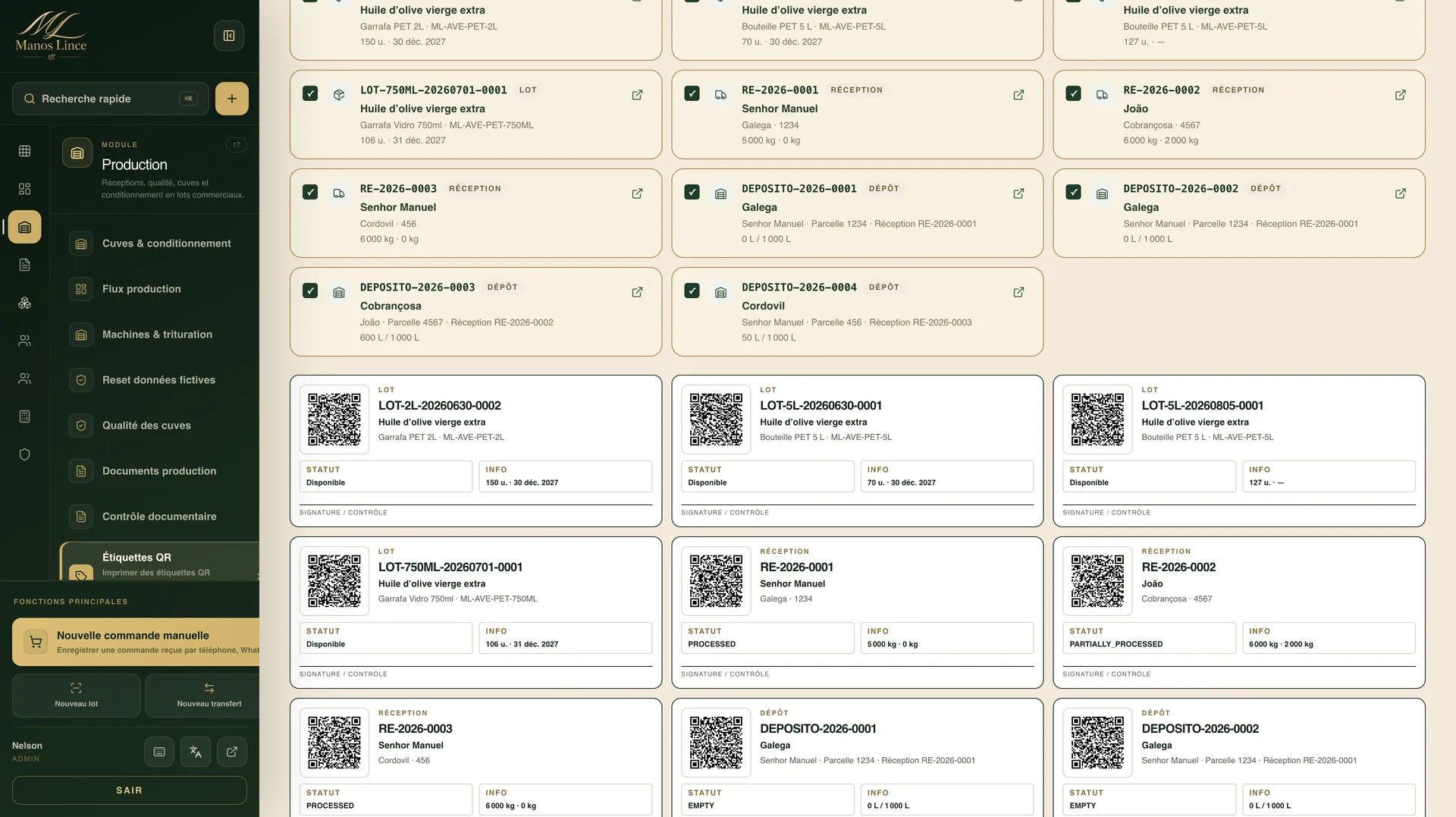 Manos Lince — Lots, réceptions et étiquettes QR