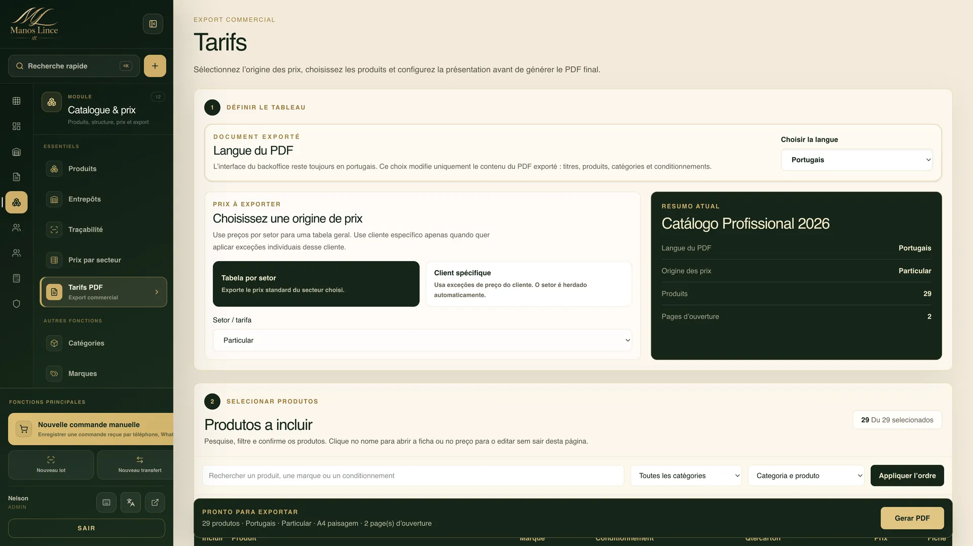 Manos Lince — Configuration des catalogues PDF