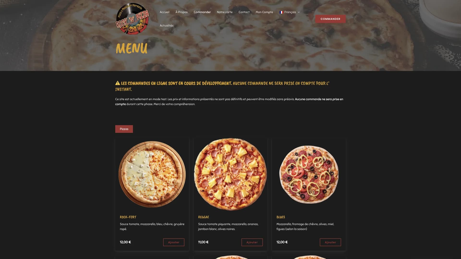 Rock’n Pizza — Catalogue de pizzas et parcours de commande