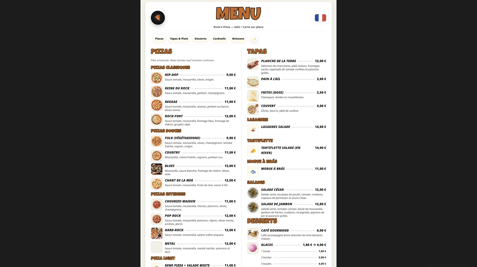 Rock’n Pizza — Carte digitale bilingue du restaurant